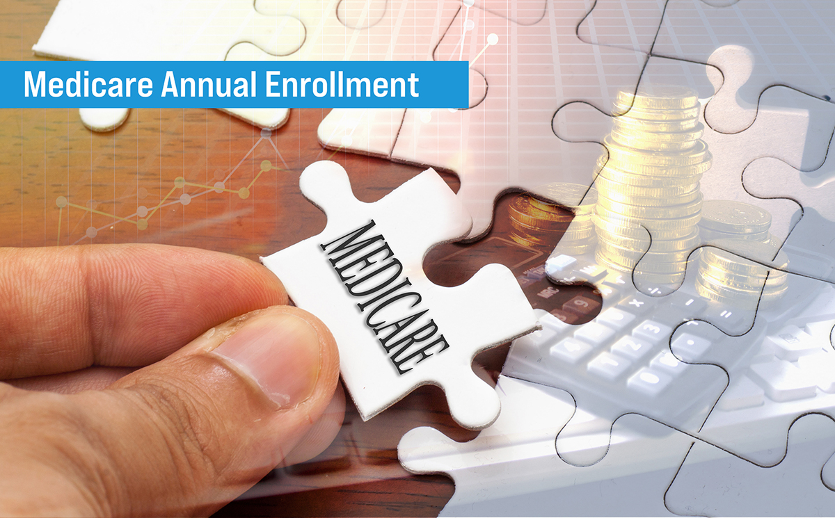 Medicare Annual Enrollment Man putting the Medicare puzzle pieces together